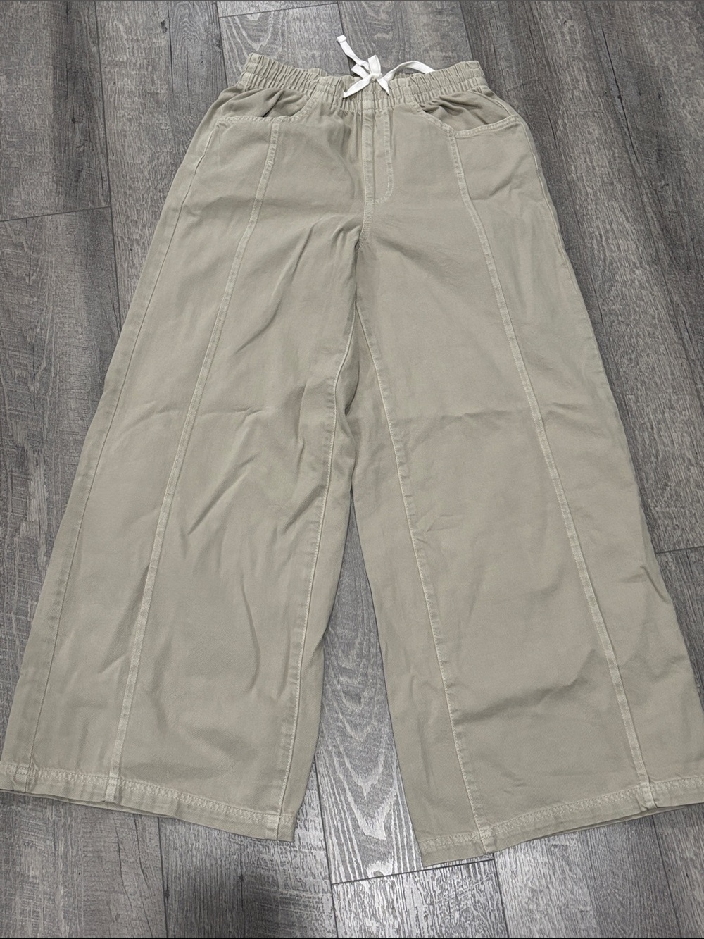 Wide Leg Drawstring Pants - Beige/green